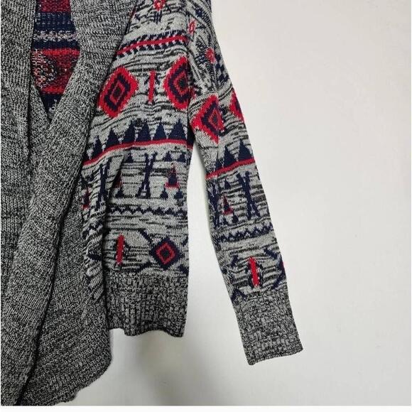Roxy Aztec Knit Cardigan Medium Grey Red Blue Oversized Open Front - Picture 6 of 7